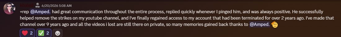 Discord vouch: channel of 9 years recovered after 2 years terminated
